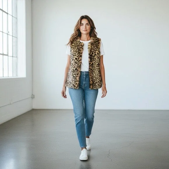 Oversized Faux Fur‎ Soft Animal Print Vest Womens XS Cheetah Adrienne Landau - Picture 14 of 16